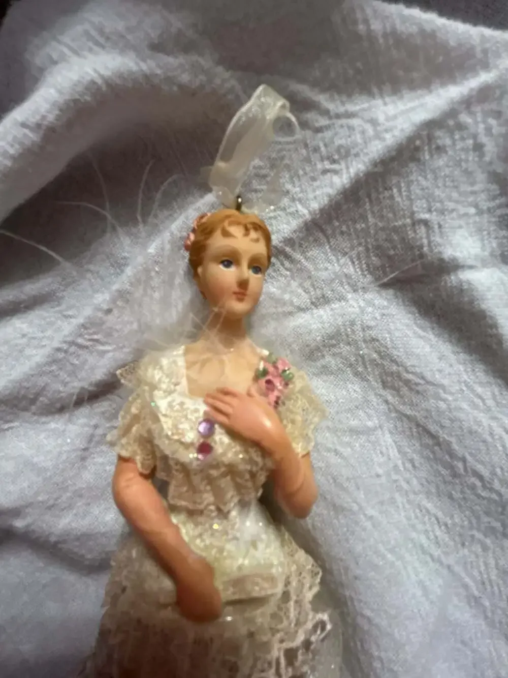 Victorian Style Lady Figurine Hanging Ornament with Lace and Tulle Gown